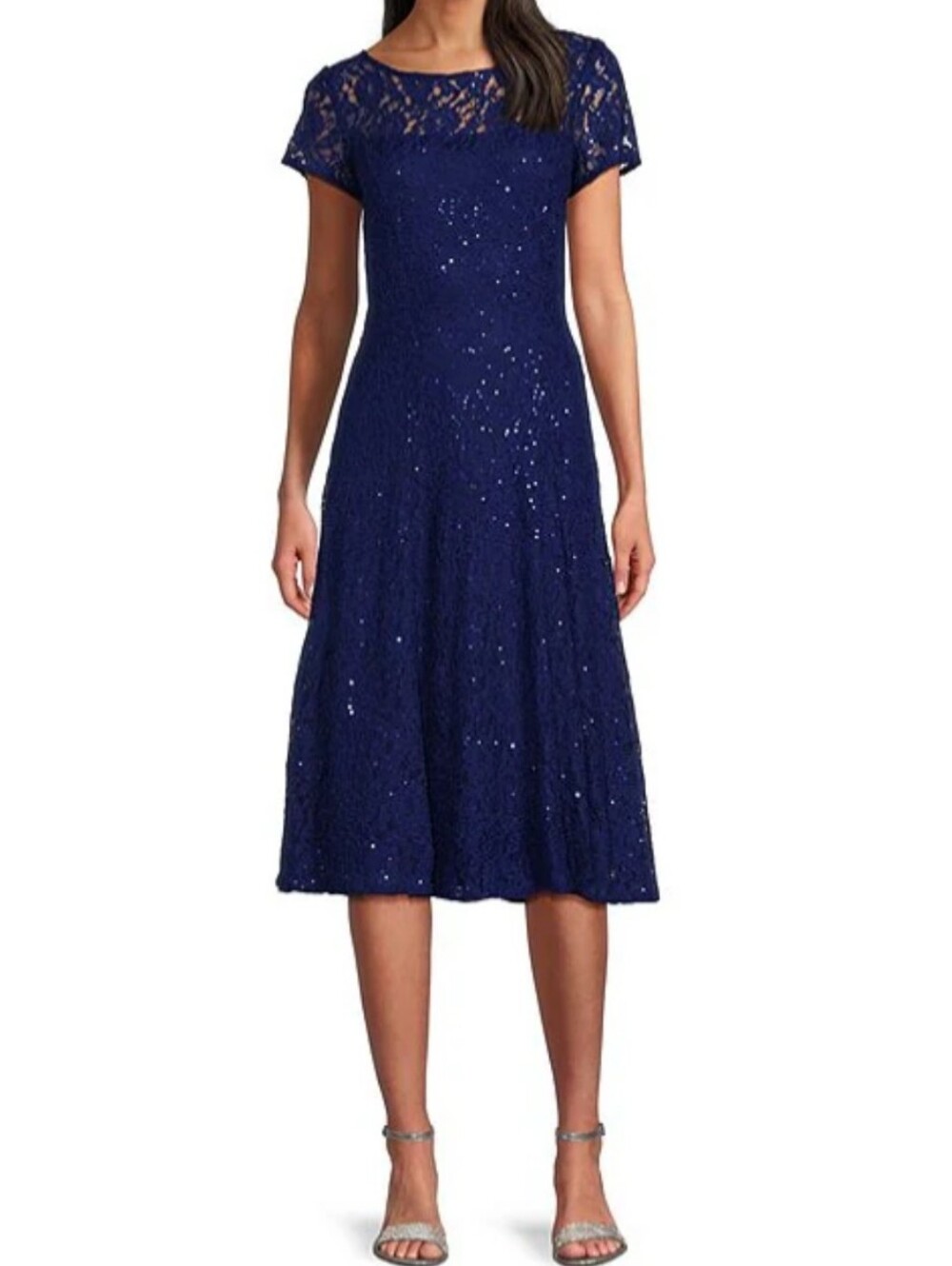 Cap Sleeve Scoop Neck Sequin Lace A-Line Midi Dress